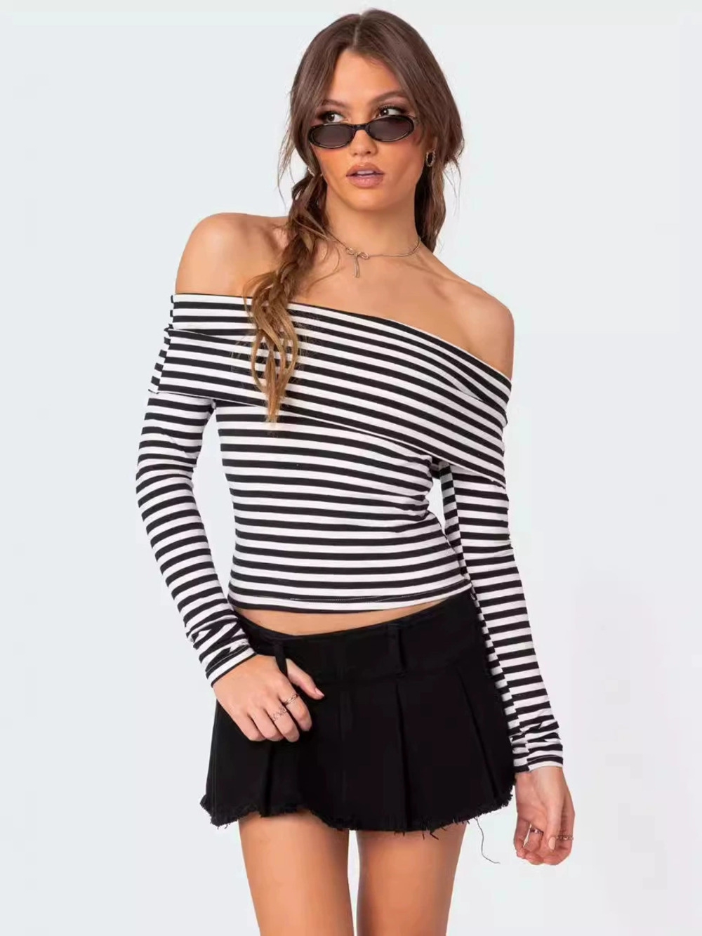 Zara Contrast Stripe Off Shoulder Long Sleeve Slim Fit Top